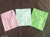 Striped combos of three cotton kurtis (XXS-XXXXL), pink & green, new design for women fashion