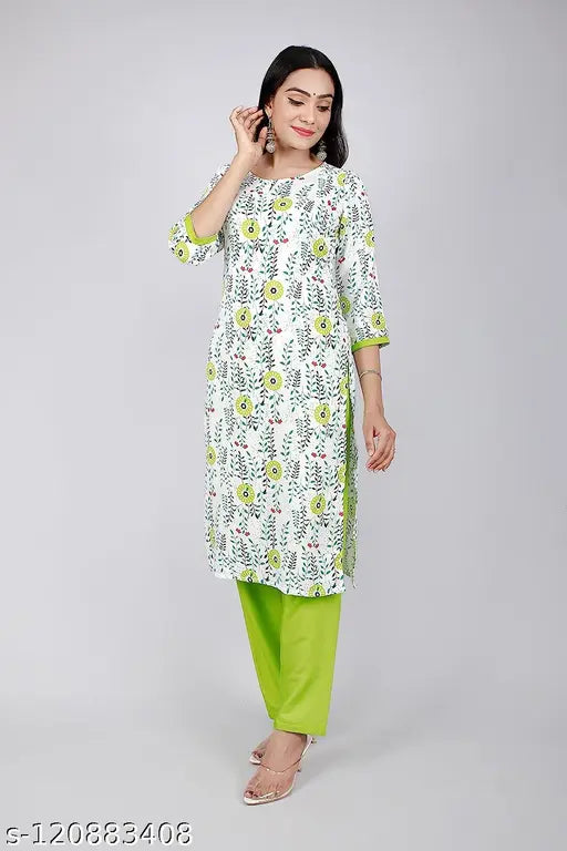 White rayon floral print kurta pant set with palazzo bottoms, three-quarter sleeves