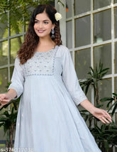 Gray rayon ankle length Anarkali Kurti with zari woven detailing, intricate Aari embroidery, three-quarter sleeves. Indian traditional garment in sizes XL, L, M made in India
