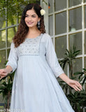 Gray rayon ankle length Anarkali Kurti with zari woven detailing, intricate Aari embroidery, three-quarter sleeves. Indian traditional garment in sizes XL, L, M made in India