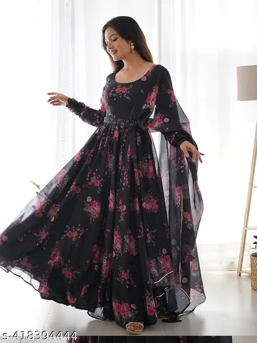 Premium export quality black and pink floral printed Georgette gown for great women and girls, short sleeves, suitable for parties