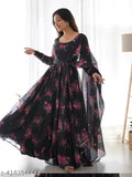 Premium export quality black and pink floral printed Georgette gown for great women and girls, short sleeves, suitable for parties