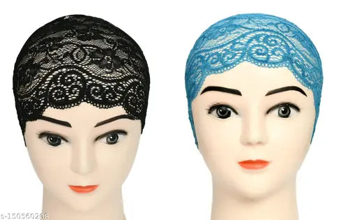 Black & Light Blue Lycra Self-Design Skull Cap Net Headband for Women under Hijab, suitable for various hijab styles and perfect for full head coverage in India