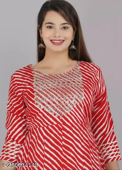 Red rayon Anarkali Kurta with embroidered Laheriya print, three-quarter sleeves, indigo, pink, orange, yellow accents, festive ethnic wear