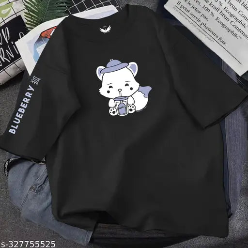 Adventure Blueberry Fox Black oversized cotton t-shirt, loose fit women's apparel with long sleeves, printed pattern, size S (38in bust, 26in length)