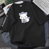 Adventure Blueberry Fox Black oversized cotton t-shirt, loose fit women's apparel with long sleeves, printed pattern, size S (38in bust, 26in length)