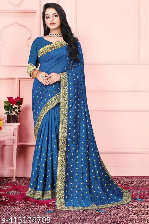 Vichitra Silk, Bangalore Silk embroidered saree with separate blouse, Indian free size ready-to-wear 1 minutes saree (5.5m length)