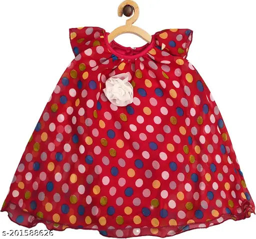 Maroon polyester midi-knee length festive wedding dress, creative kids cap sleeve with printed net and crossover straps