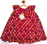 Maroon polyester midi-knee length festive wedding dress, creative kids cap sleeve with printed net and crossover straps