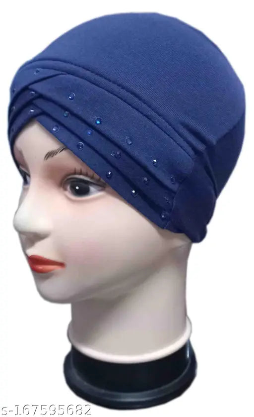 Blue embellished 3-layer cotton skull cap, Muslim women's party wear under hijab by Envius-Turban Design