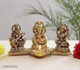 Gold-plated Laxmi Ganesh Saraswati idol, 18x7x10 cm decorative showpiece on table, Indian religious figurine