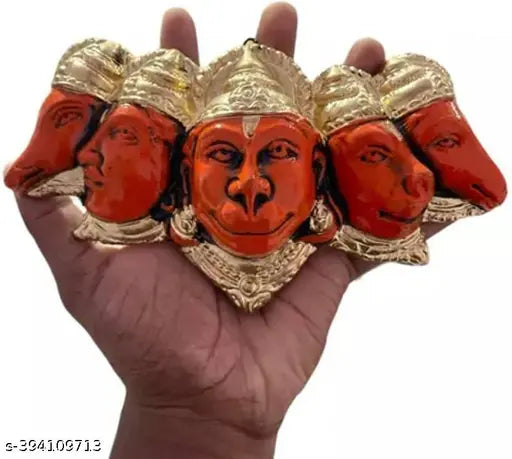 Orange polyresin Panchmukhi Hanuman Ji Murti statue for home decor, office, or temple. Suitable for Vastu Pooja, offers protection against negative energy and bad influence. Dimensions: 7cm L x 4cm H x 2cm B. Made in India