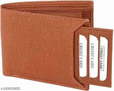 Tan rust faux leather ATM wallet, stylish men's bifold design with 2 compartments, solid net finish, free size (12x9 cm), India origin