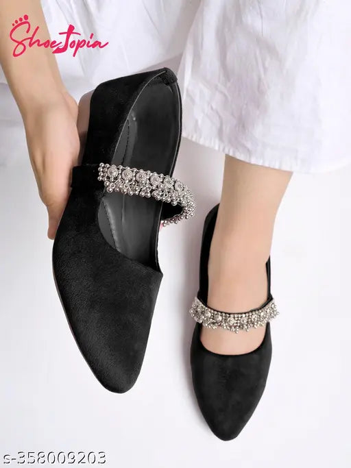 Embellished suede slip-on black bellies ballerinas for women, India-made, intricately patterned and embellished