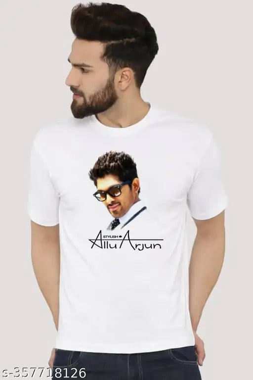 White printed polyester Allu Arjun side look t-shirt, Indian actor fashion on display stand