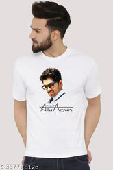 White printed polyester Allu Arjun side look t-shirt, Indian actor fashion on display stand