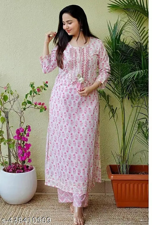Pink rayon Kurta & Palazzos set, printed net pattern, three-quarter sleeves, Indian ethnic wear with tassels & embroidery, single size: XS-XXL