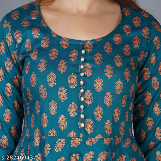 Rayon printed women's anarkali kurta with three-quarter sleeves, vibrant Indian print on flared style