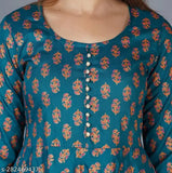 Rayon printed women's anarkali kurta with three-quarter sleeves, vibrant Indian print on flared style