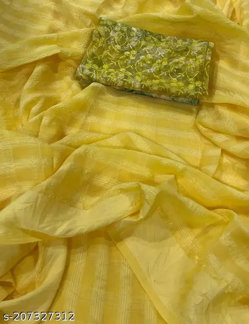 Golden chiffon Kanepo saree with embroidered georgette blouse, digital shiffli patterns, India origin