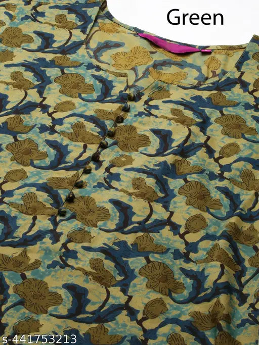 Women's Floral Printed Kurti & Pants Set (Combo of 2), three-quarter sleeve cotton slub kurti with matching printed pants on display rack, Indian ethnic wear for women