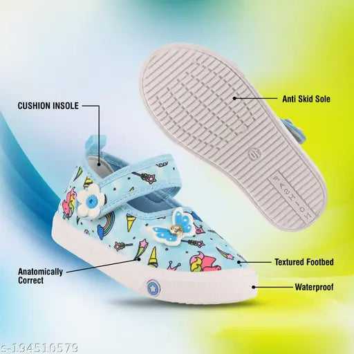 Blue Velcro Ballerinas for Girls - Canvas sole, PVC print, Levot Ena=Sky design, durable and comfortable for kids' play