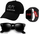 Black cotton baseball cap combo pack: AA Cap, Wayfarer sunglasses, digital watch - stylish & protective, fits adults and teens