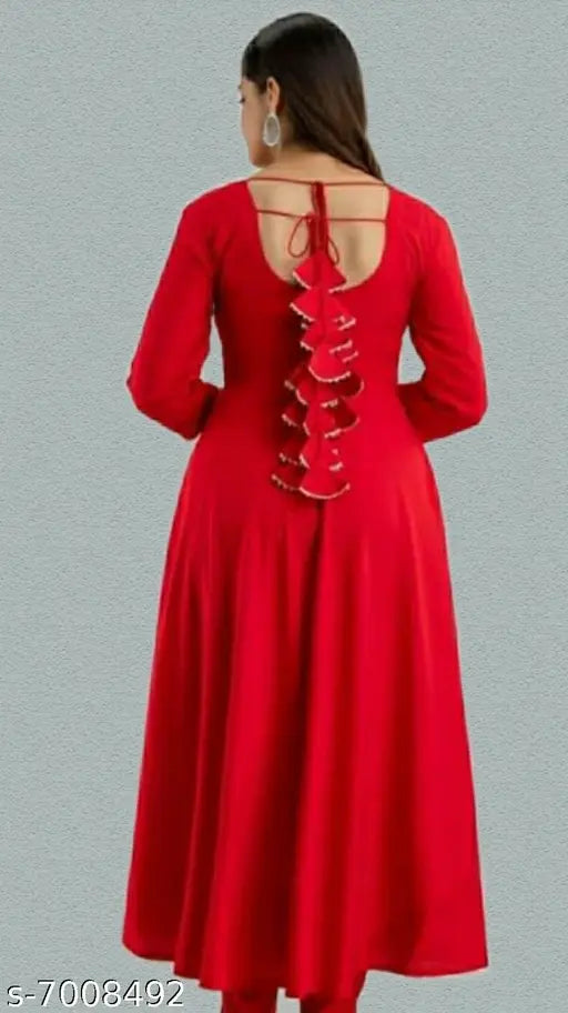Rayon long Anarkali kurti for women, solid color with three-quarter sleeves, Indian traditional attire on mannequin