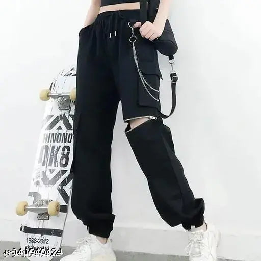 Black cotton cargo pants for women, fashionable solid-patterned pants with a waist size of 28 inches, length size of 37 inches, and hip size of 30 inches