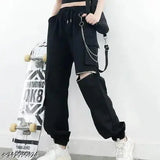 Black cotton cargo pants for women, fashionable solid-patterned pants with a waist size of 28 inches, length size of 37 inches, and hip size of 30 inches