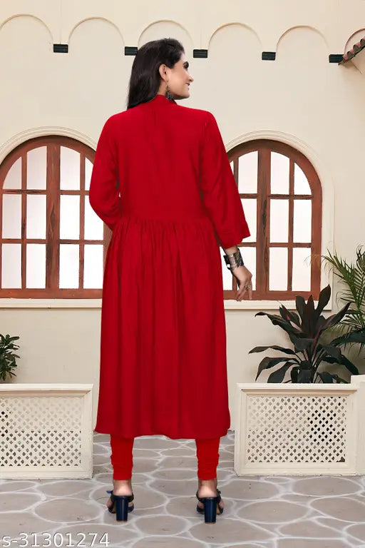 Rayon embroidered three-quarter sleeve women's kurti, attractive style from India (M: Bust 38in, L: Bust 40in)