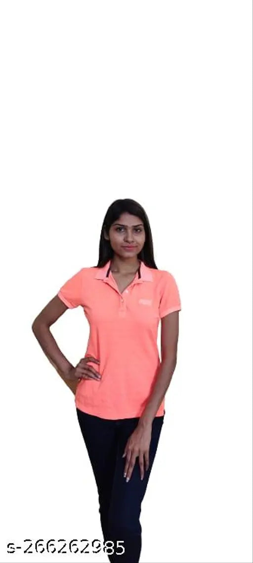 Neon pink cotton polo t-shirt, solid color on model wearing casual outfit