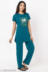 Green cotton printed night t-shirt and pyjama set, round neck design, women's sleepwear collection, comfortable and stylish, Indian origin