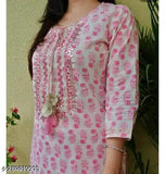 White embroidered printed pink kurta with white pant, rayon fabric, three-quarter sleeves, round neck, daily wear for women