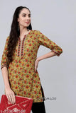 Floral print rayon V-Neck kurta with three-quarter sleeves, available in sizes S-XXL. Indian women's & girls' fashion wear on display