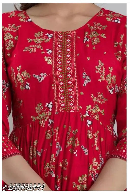 Red border flower printed viscose rayon Anarkali kurti, three-quarter sleeves, Indian traditional wear