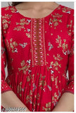 Red border flower printed viscose rayon Anarkali kurti, three-quarter sleeves, Indian traditional wear
