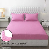 Premium glace cotton striped fitted double bedsheet & pillow covers, durable, breathable, and hypoallergenic. White, ideal for summer