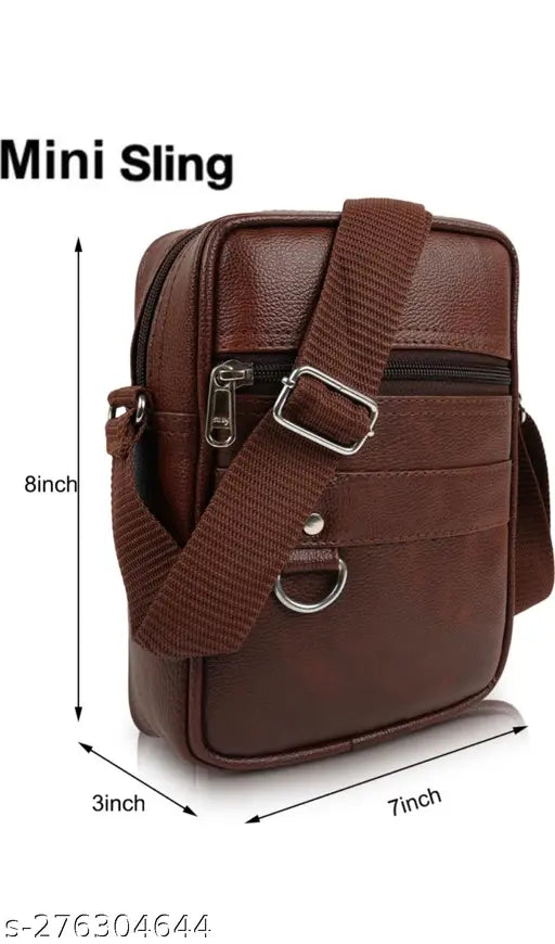 Synthetic vegan leather, casual trendy SNEKLE BYET sling bag. Brown cross-body bag for men and women, featuring secure compartments and vintage style