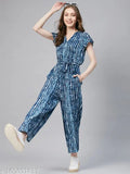 StyleStone Women's blue tie-dye print jumpsuit, rayon, short sleeves, printed net, size S