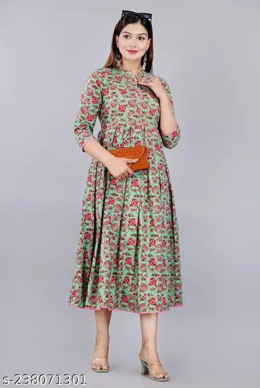 Cotton flared kurta, Mahi Star Women's floral printed three-quarter sleeves, Indian fashion