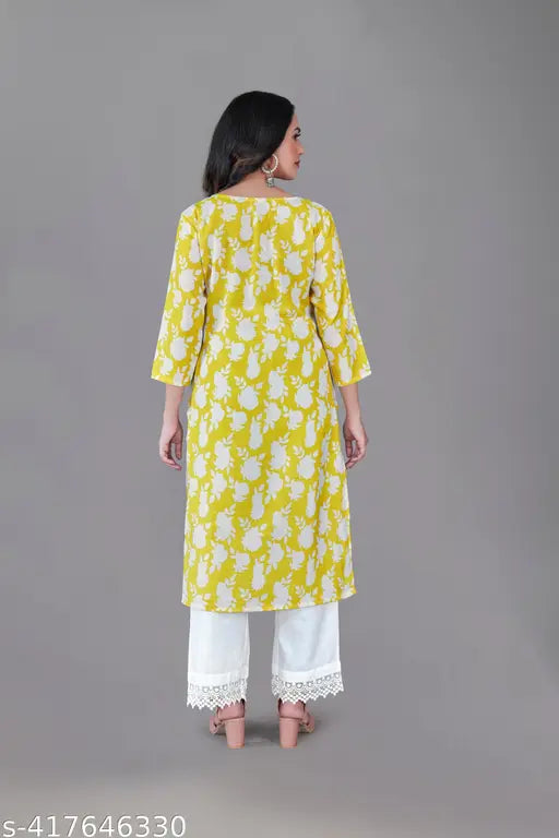 Yellow floral digital print rayon kurti with palazzo, vibrant ensemble for women's occasions