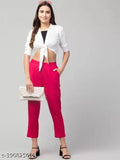 Women's pink cotton blend regular fit trousers, solid color, size S-XXL on display rack