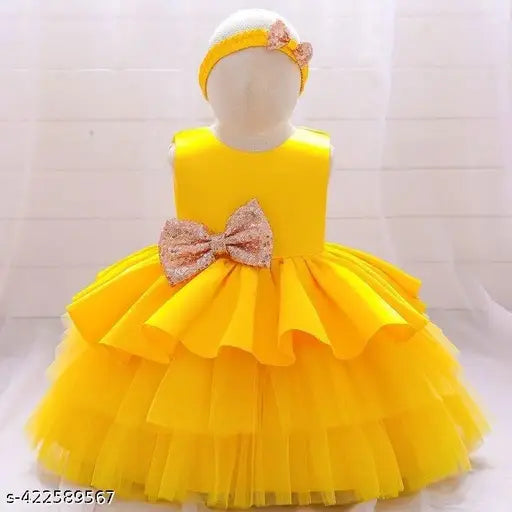 Yellow net frock for baby girl, sleeveless and solid pattern, size 0-1 years (22 in), from India