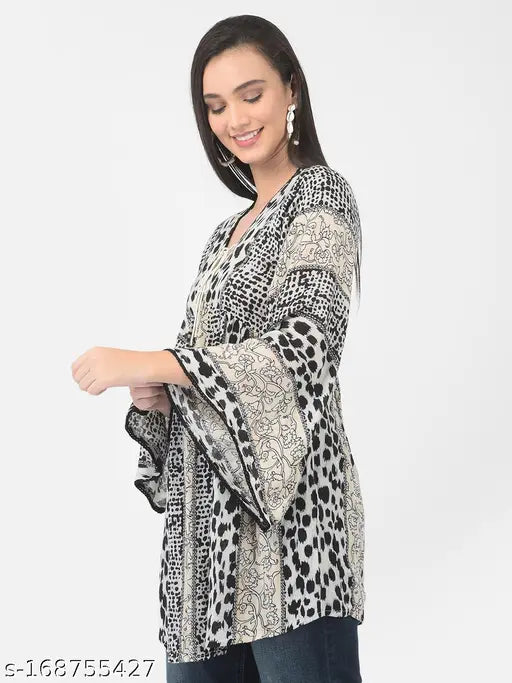 Black & White V-Neck Rayon Crepe Top, printed pattern, three-quarter sleeves, made in India