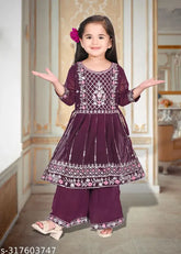 Modern georgette anarkali palazzo set for girls, embroidered and comfortable fashion for kids, maroon traditional wear on display. Sizes: 9-12 Months, 12-18 Months, 18-24 Months, 0-1 Years, 1-2 Years, 2-3 Years, 3-4 Years. Origin: India
