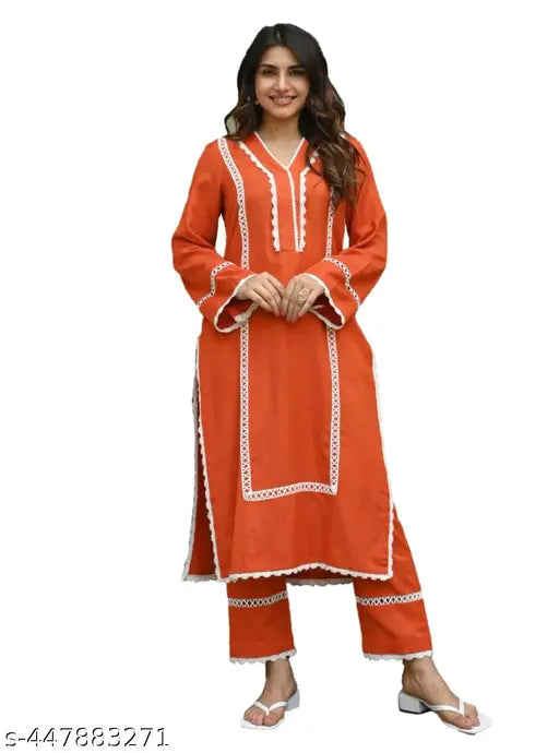 Trendy lace rayon kurta set with palazzo bottoms, solid net, long sleeves - Indian women's fashion