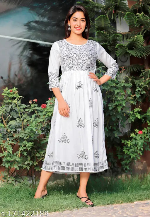 Rayon Anarkali kurti with embroidered hand block print detail, three-quarter sleeve length for women. Available in sizes S - XXXL. Made in India