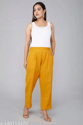 Gold casual trousers, Rakshita Fashions women's regular fit cotton solid (30"x34", 100% cotton, ankle length, pleats detailing, side pockets, elasticated back) for versatile daily wear
