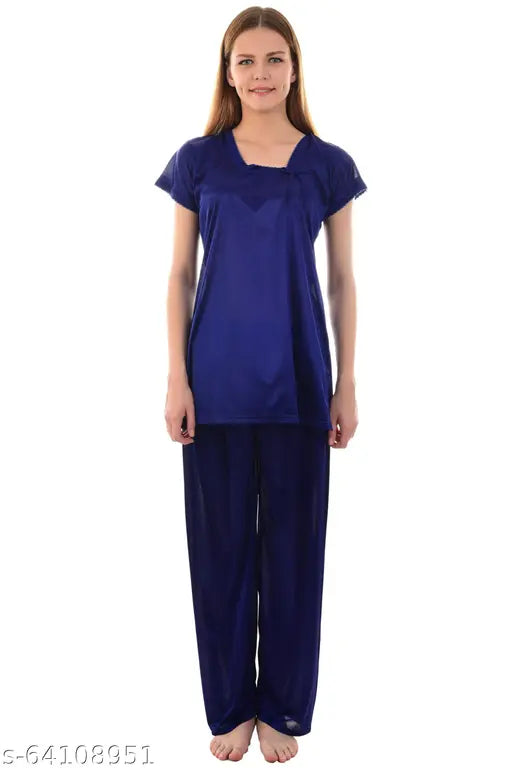 Purple and royal blue satin Senslife Women's Combo Night Suit/Top Payjama Set, perfect for bedroom or special nights